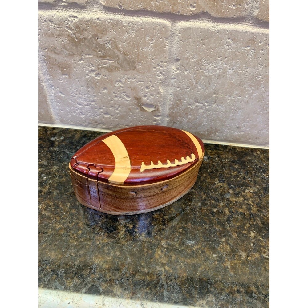Football Wooden Intarsia Puzzle Box Secret Chamber Handmade Handcrafted